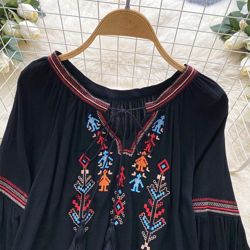 Camicia da donna Olivenorma con maniche a lanterna e ricamo in stile indiano