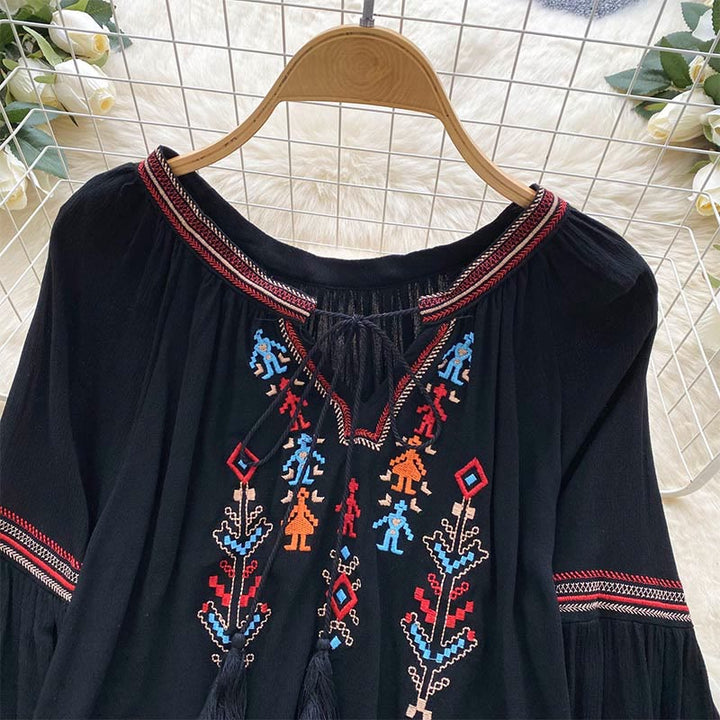 Camicia da donna Olivenorma con maniche a lanterna e ricamo in stile indiano