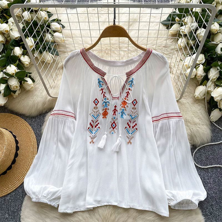 Camicia da donna Olivenorma con maniche a lanterna e ricamo in stile indiano