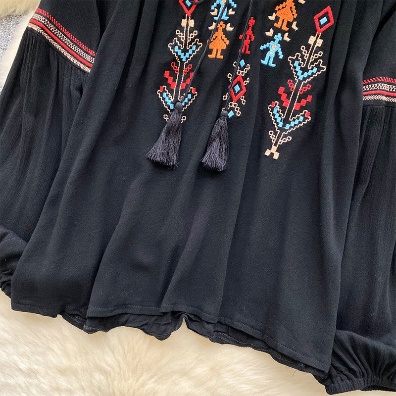 Camicia da donna Olivenorma con maniche a lanterna e ricamo in stile indiano