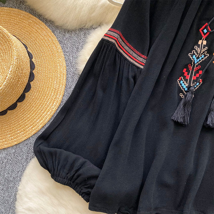 Camicia da donna Olivenorma con maniche a lanterna e ricamo in stile indiano
