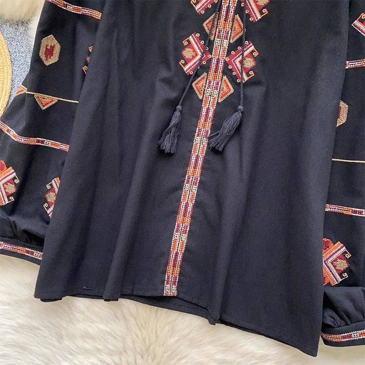 Camicia da donna Olivenorma con maniche a lanterna e ricamo in stile etnico
