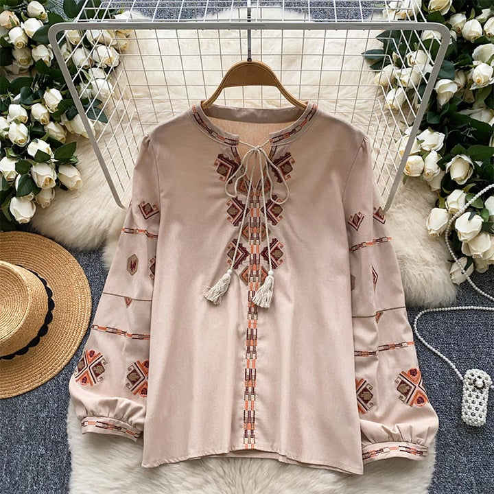 Camicia da donna Olivenorma con maniche a lanterna e ricamo in stile etnico