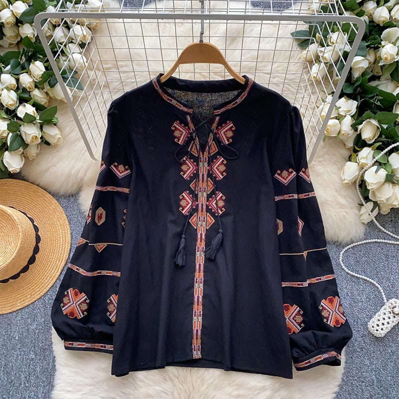 Camicia da donna Olivenorma con maniche a lanterna e ricamo in stile etnico