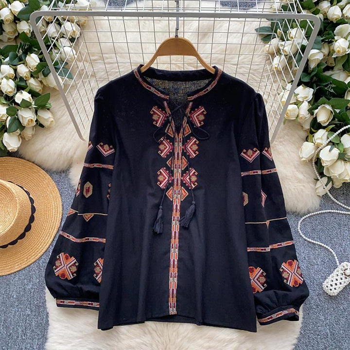 Camicia da donna Olivenorma con maniche a lanterna e ricamo in stile etnico