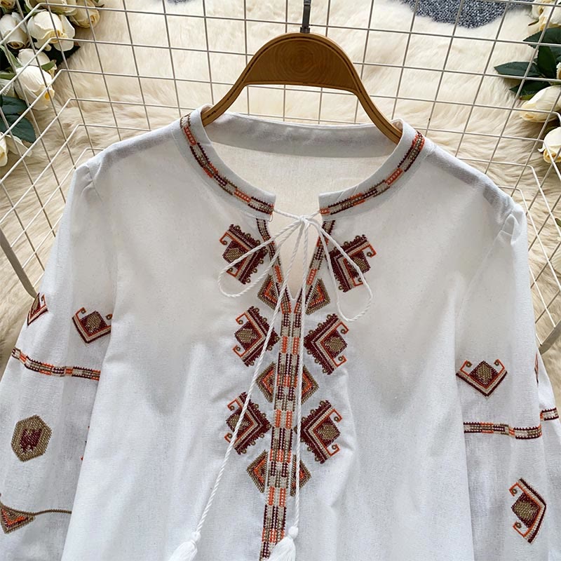 Camicia da donna Olivenorma con maniche a lanterna e ricamo in stile etnico