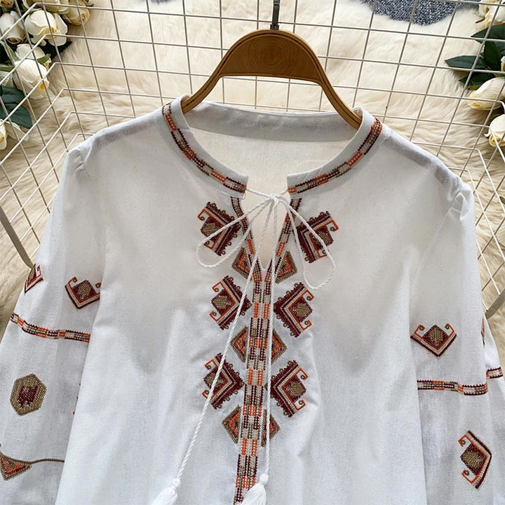 Camicia da donna Olivenorma con maniche a lanterna e ricamo in stile etnico