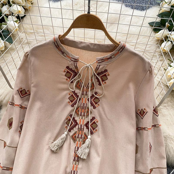 Camicia da donna Olivenorma con maniche a lanterna e ricamo in stile etnico