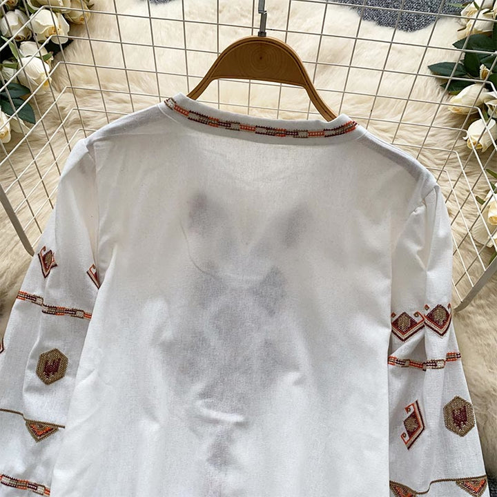 Camicia da donna Olivenorma con maniche a lanterna e ricamo in stile etnico