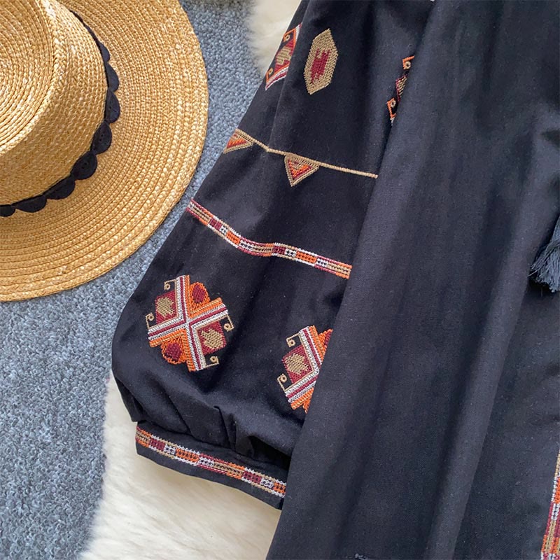 Camicia da donna Olivenorma con maniche a lanterna e ricamo in stile etnico