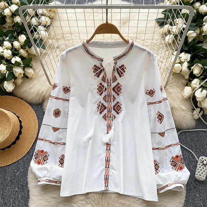 Camicia da donna Olivenorma con maniche a lanterna e ricamo in stile etnico
