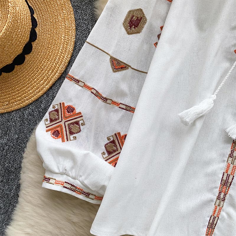 Camicia da donna Olivenorma con maniche a lanterna e ricamo in stile etnico