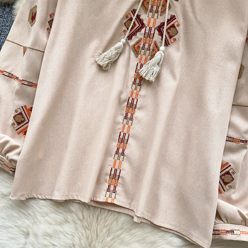 Camicia da donna Olivenorma con maniche a lanterna e ricamo in stile etnico