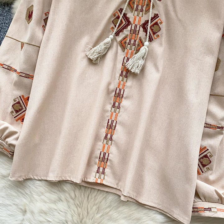 Camicia da donna Olivenorma con maniche a lanterna e ricamo in stile etnico