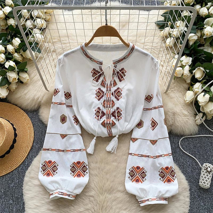 Camicia da donna Olivenorma con maniche a lanterna e ricamo in stile etnico