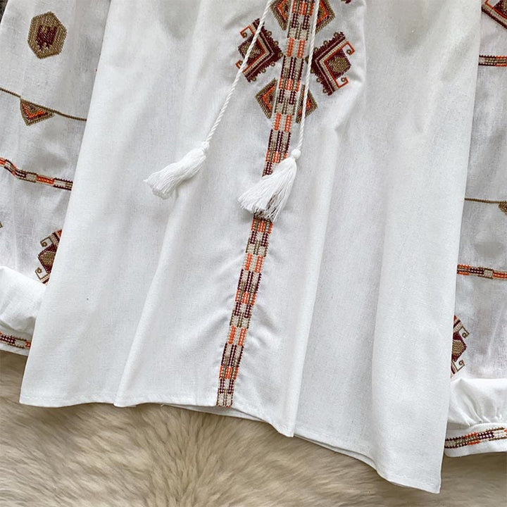 Camicia da donna Olivenorma con maniche a lanterna e ricamo in stile etnico