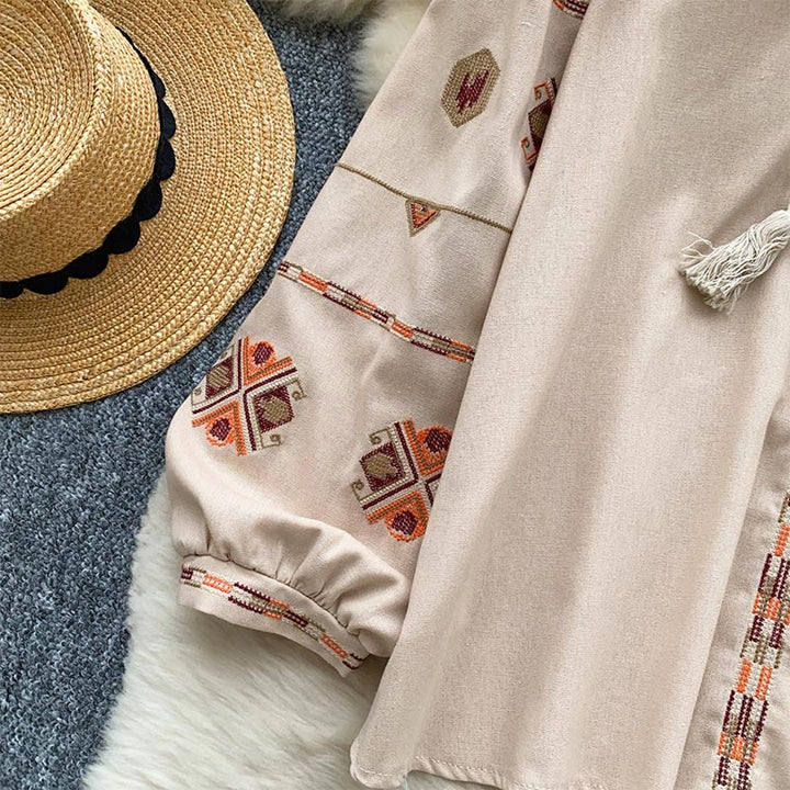 Camicia da donna Olivenorma con maniche a lanterna e ricamo in stile etnico
