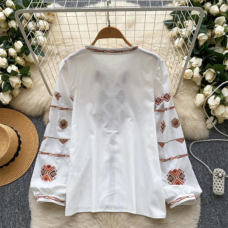 Camicia da donna Olivenorma con maniche a lanterna e ricamo in stile etnico