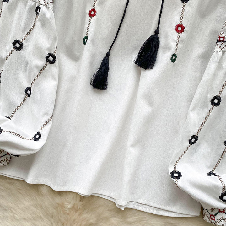 Camicia da donna Olivenorma con maniche a lanterna e ricami floreali vintage