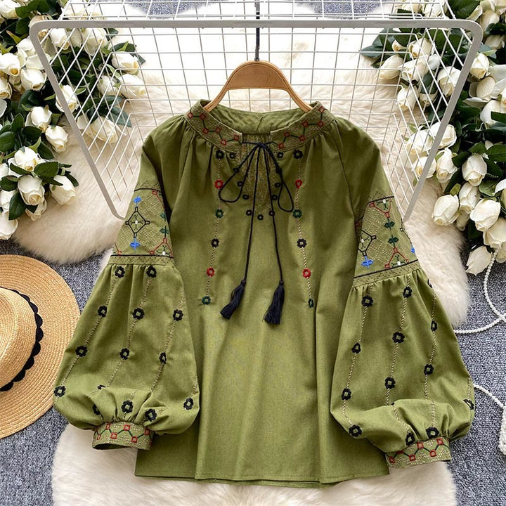 Camicia da donna Olivenorma con maniche a lanterna e ricami floreali vintage