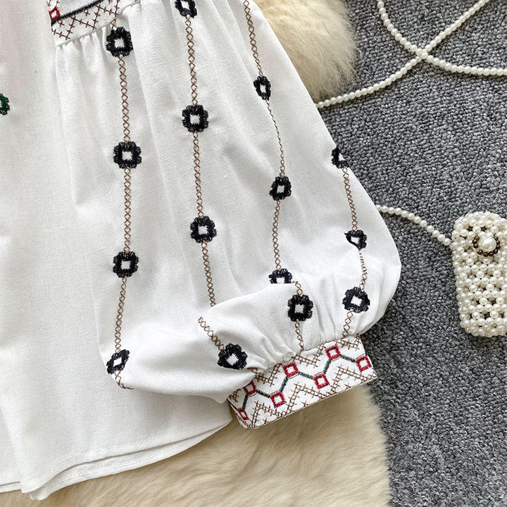 Camicia da donna Olivenorma con maniche a lanterna e ricami floreali vintage