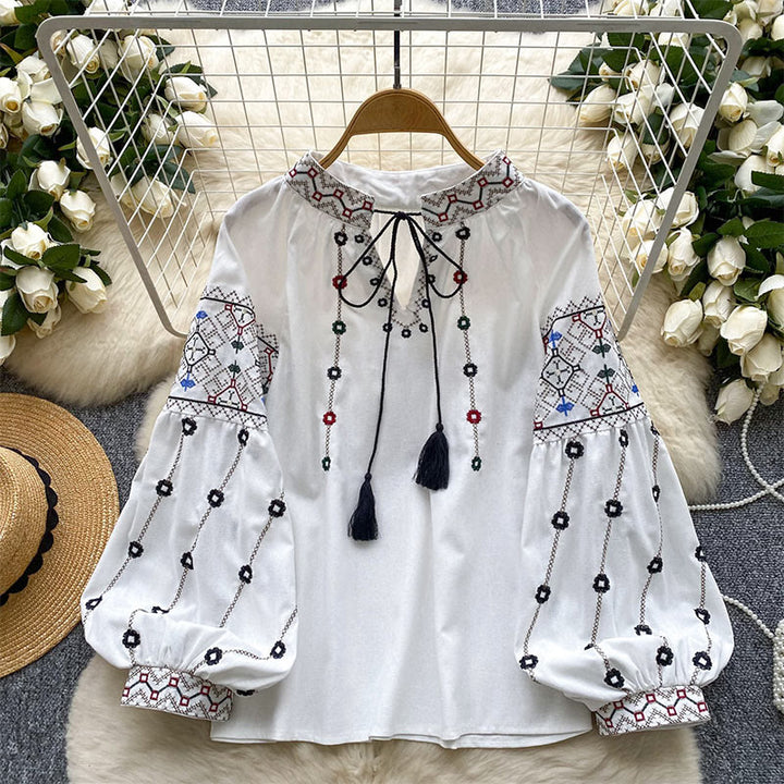 Camicia da donna Olivenorma con maniche a lanterna e ricami floreali vintage