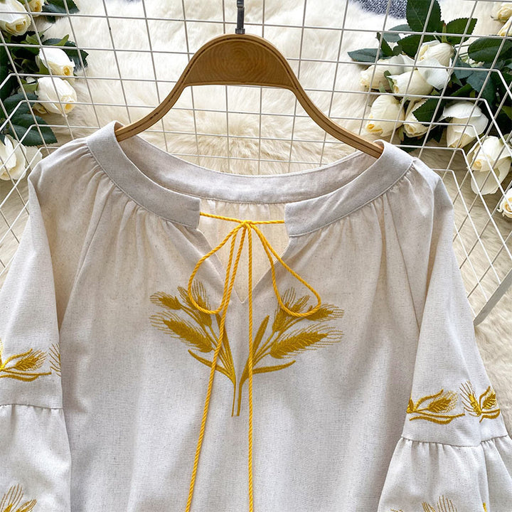 Camicia da donna Olivenorma con ricamo spiga di grano dorata
