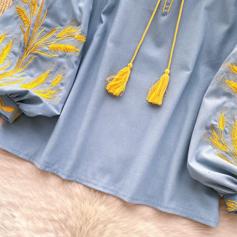 Camicia da donna Olivenorma con ricamo spiga di grano dorata