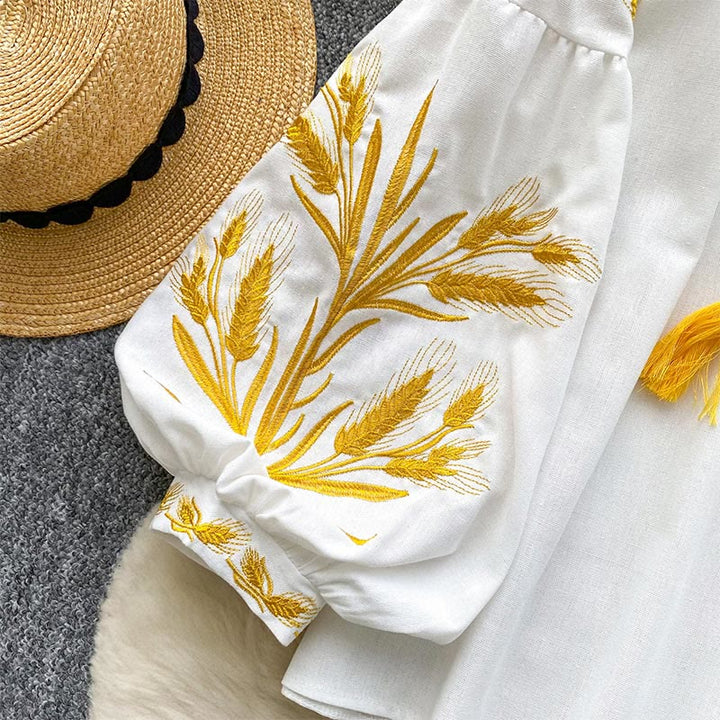 Camicia da donna Olivenorma con ricamo spiga di grano dorata