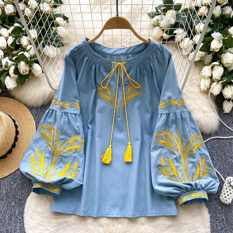 Camicia da donna Olivenorma con ricamo spiga di grano dorata - Blu - Taglia unica - image 4