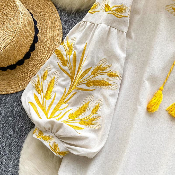 Camicia da donna Olivenorma con ricamo spiga di grano dorata