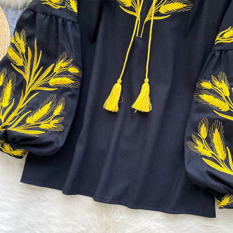 Camicia da donna Olivenorma con ricamo spiga di grano dorata