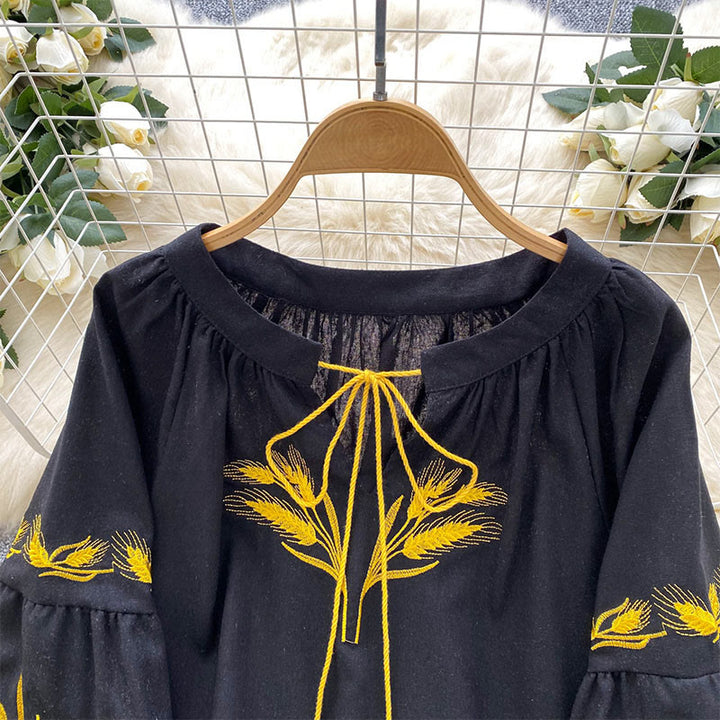 Camicia da donna Olivenorma con ricamo spiga di grano dorata