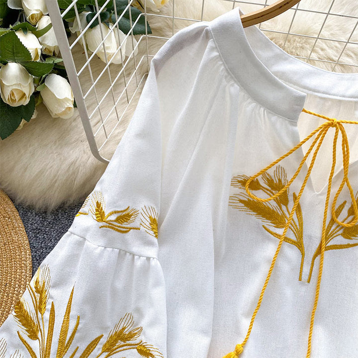 Camicia da donna Olivenorma con ricamo spiga di grano dorata