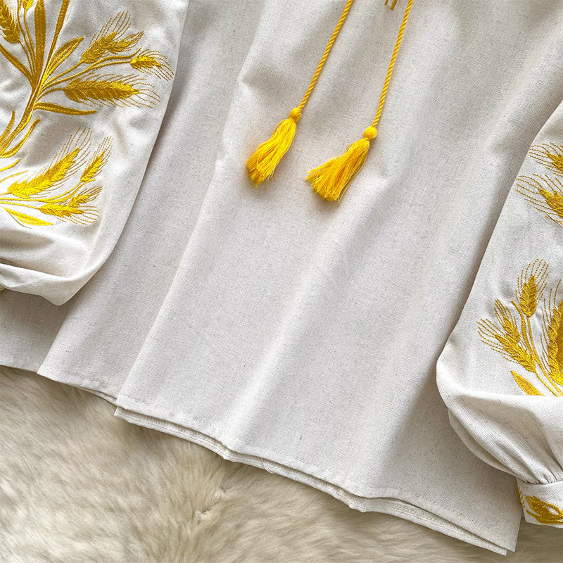 Camicia da donna Olivenorma con ricamo spiga di grano dorata