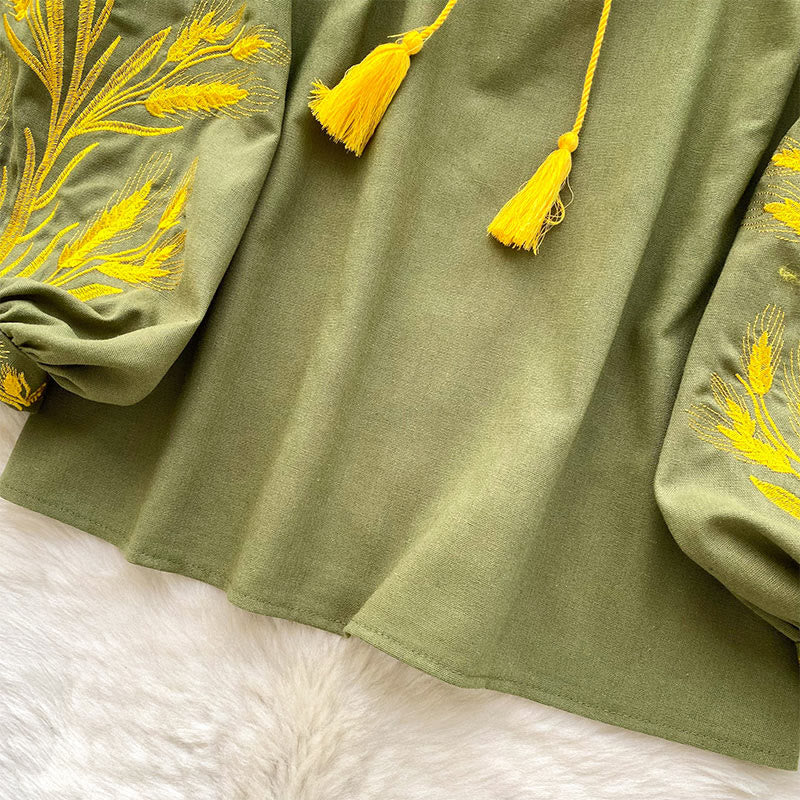 Camicia da donna Olivenorma con ricamo spiga di grano dorata