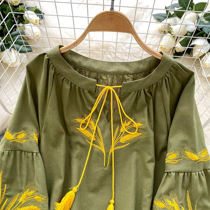 Camicia da donna Olivenorma con ricamo spiga di grano dorata