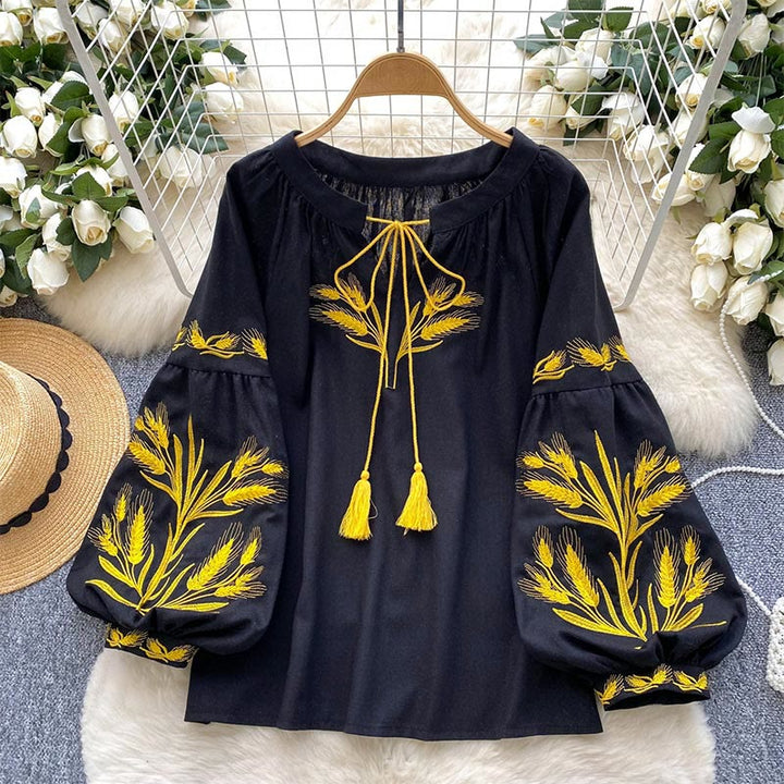 Camicia da donna Olivenorma con ricamo spiga di grano dorata