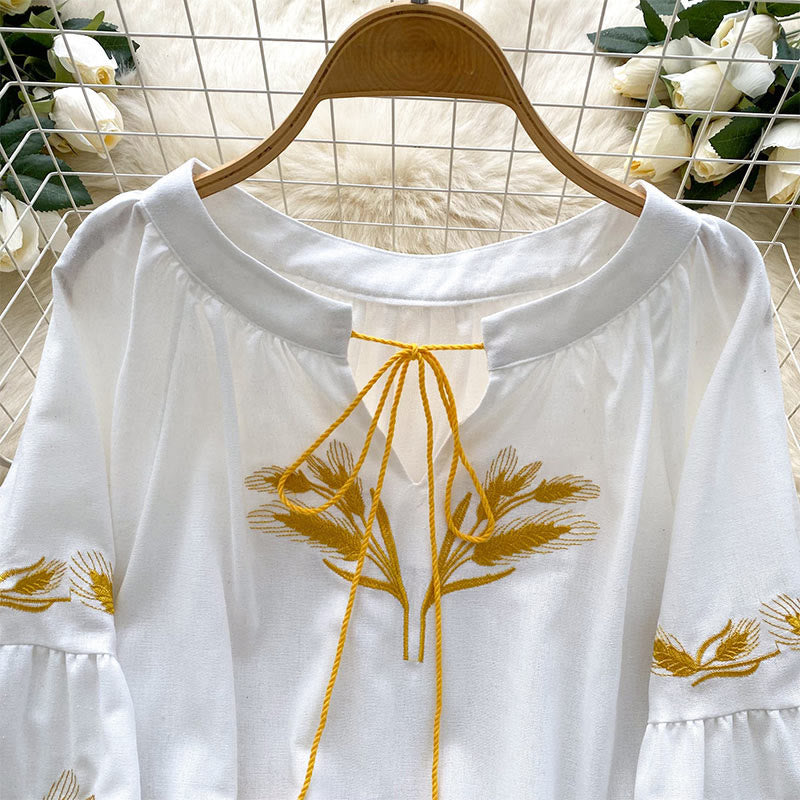 Camicia da donna Olivenorma con ricamo spiga di grano dorata