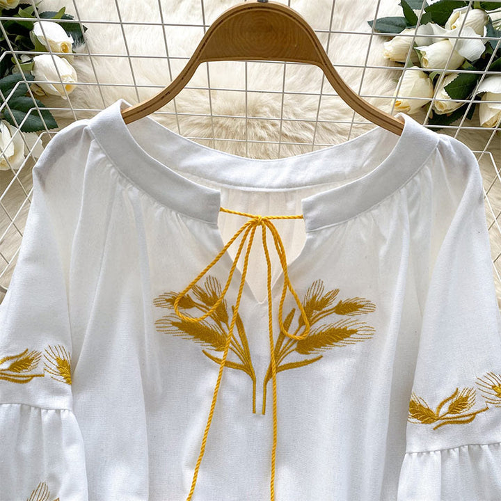 Camicia da donna Olivenorma con ricamo spiga di grano dorata