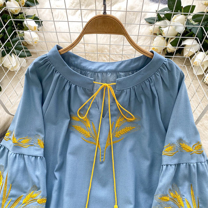Camicia da donna Olivenorma con ricamo spiga di grano dorata
