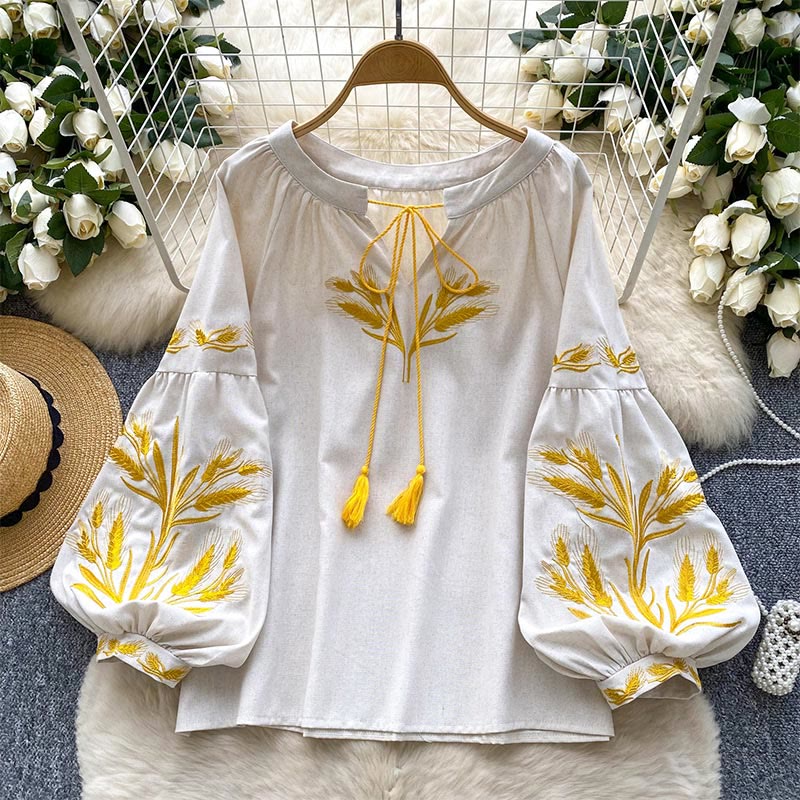 Camicia da donna Olivenorma con ricamo spiga di grano dorata