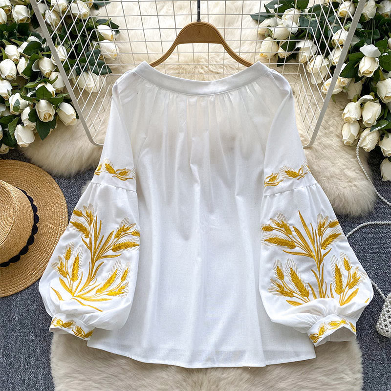 Camicia da donna Olivenorma con ricamo spiga di grano dorata
