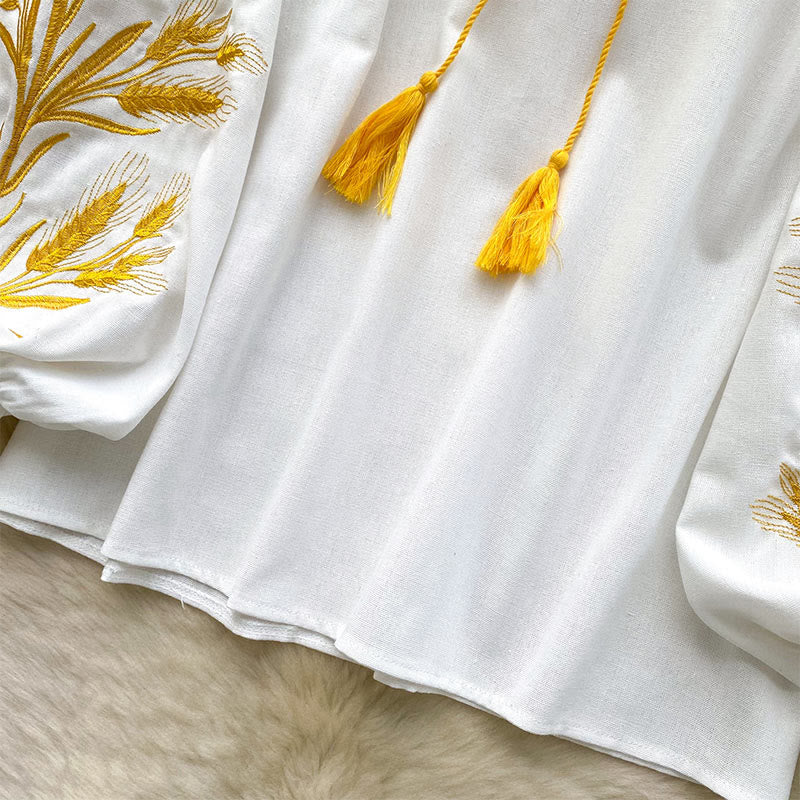 Camicia da donna Olivenorma con ricamo spiga di grano dorata