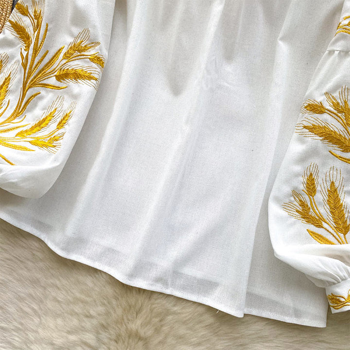 Camicia da donna Olivenorma con ricamo spiga di grano dorata