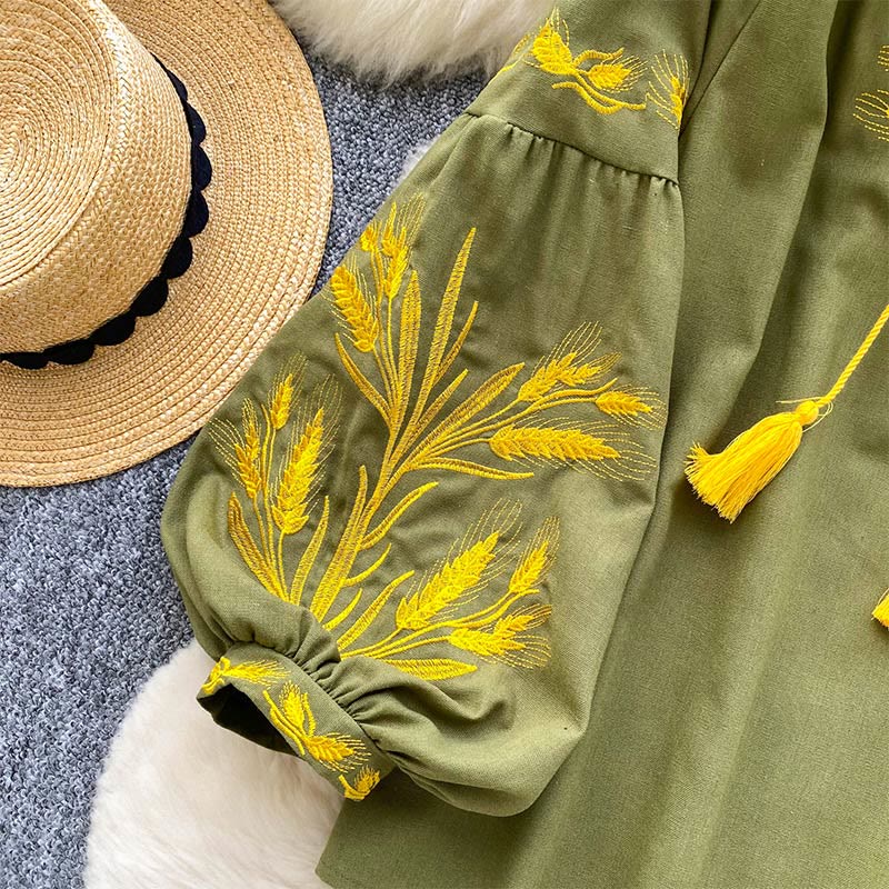 Camicia da donna Olivenorma con ricamo spiga di grano dorata