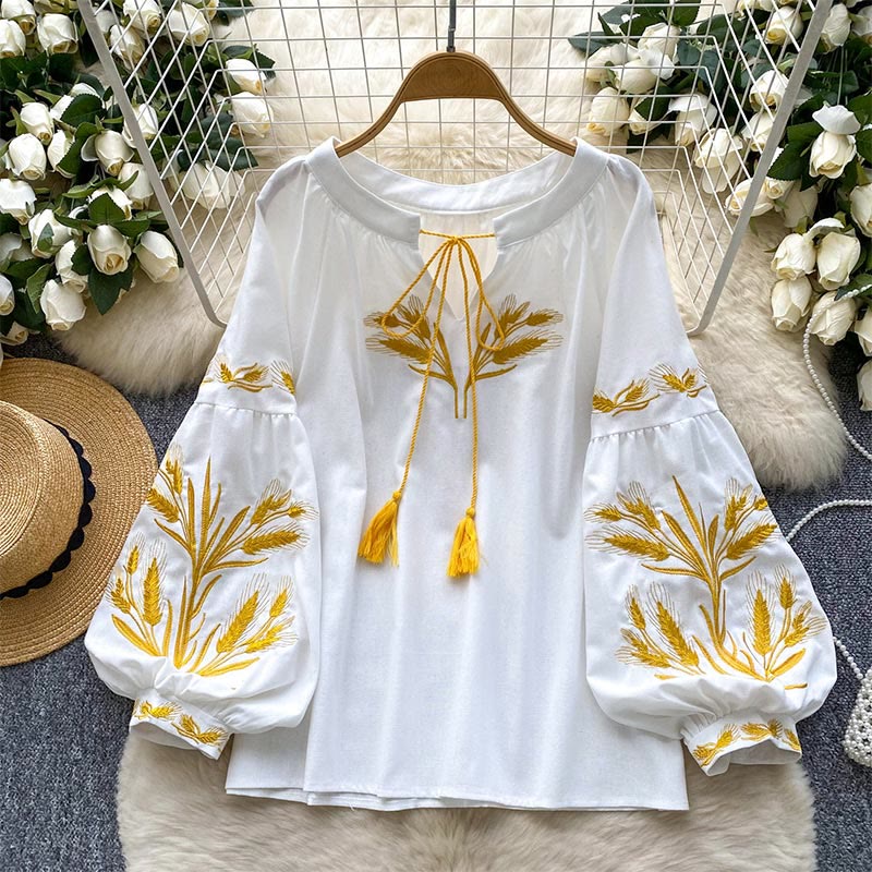 Camicia da donna Olivenorma con ricamo spiga di grano dorata