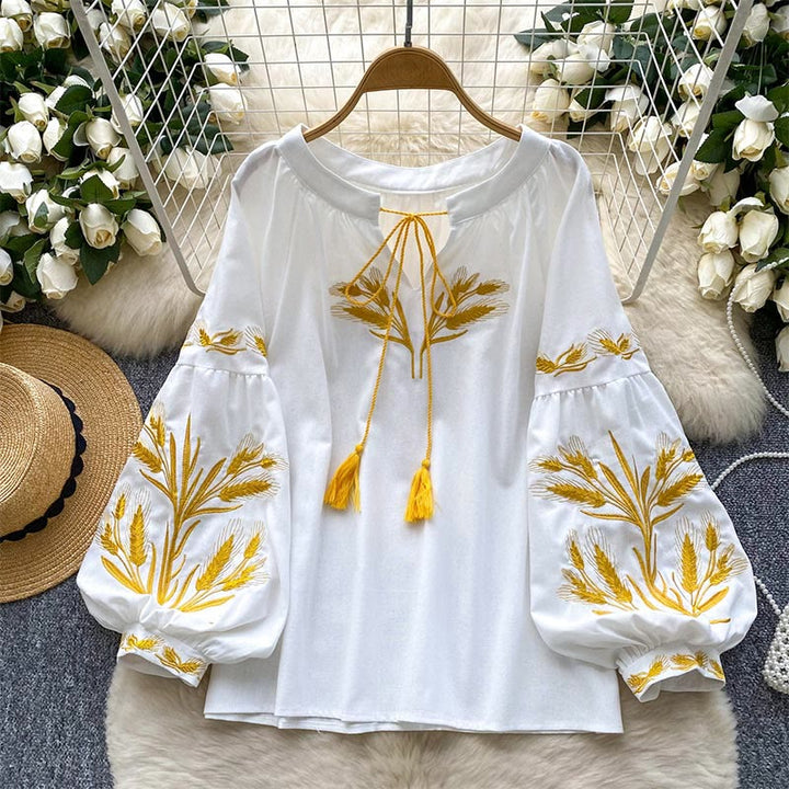 Camicia da donna Olivenorma con ricamo spiga di grano dorata