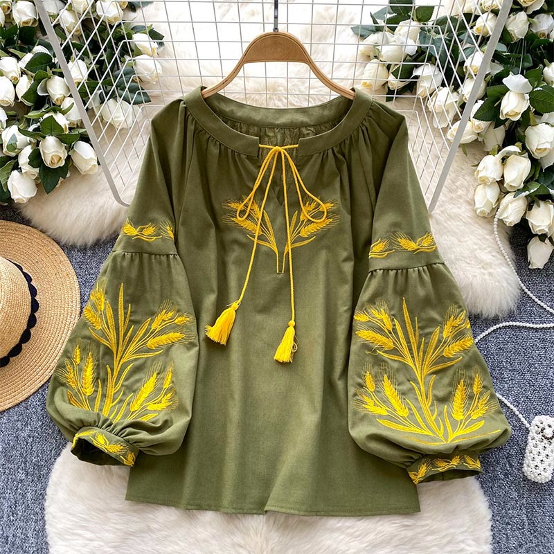 Camicia da donna Olivenorma con ricamo spiga di grano dorata - Verde - Taglia unica - image 0