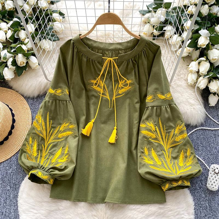 Camicia da donna Olivenorma con ricamo spiga di grano dorata - Verde - Taglia unica - image 0